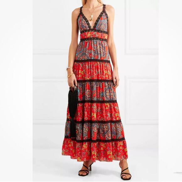 ALICE + OLIVIA Karolina Tiered Mxed Print Paisley Floral Maxi Halter Dress Red 6 - Picture 1 of 16